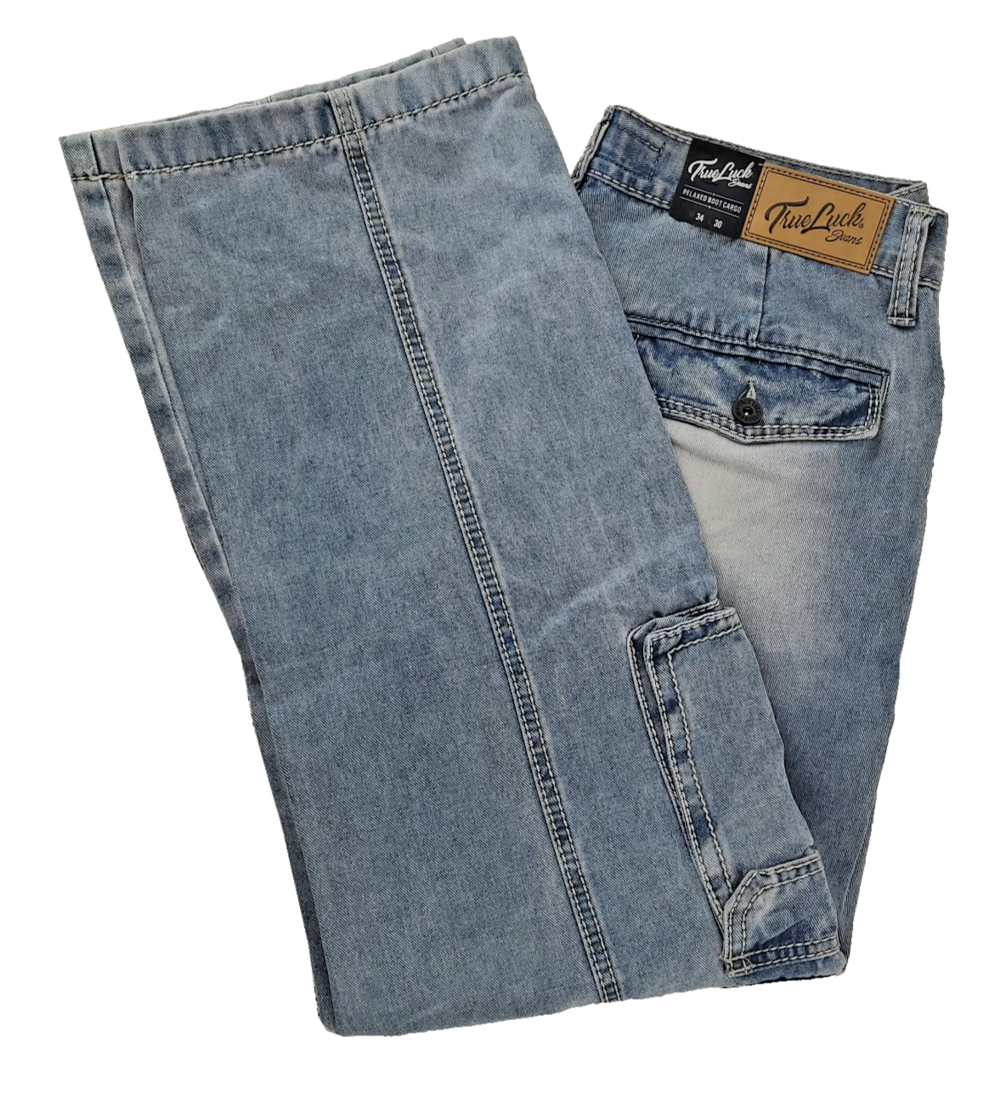True Luck Relaxed Boot Cargo Jeans Mens 34x30 Light Wash Stretch Denim NWT